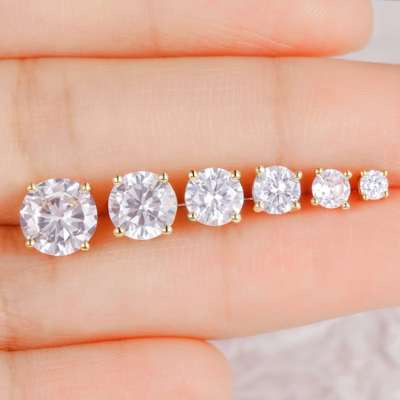 GEMSME أقراط دراسات مكعب زيركونيا 6 أزواج للنساء/الرجال - قطع دائري مع إعدادات 4 مخالب مطلية بالذهب عيار 18K مضادة للحساسية مجموعة أقراط شفافة 3-8 مم - ذهب - Image 4
